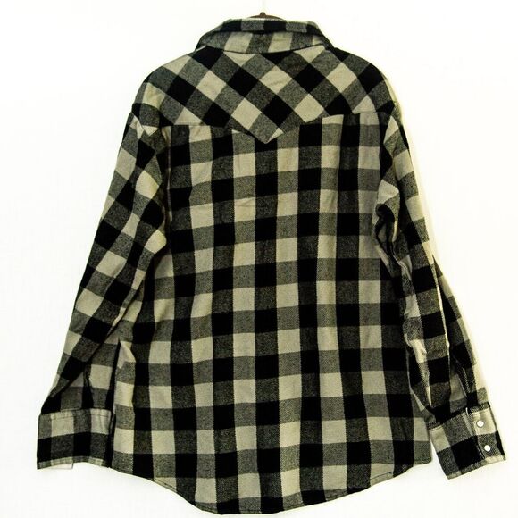 Trails End L Gray Black Plaid Flannel Men's Pearl Snap button down Shirt - Picture 4 of 6